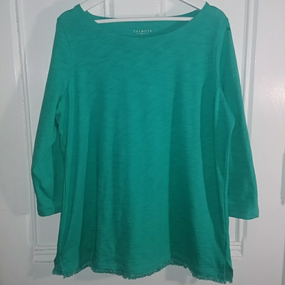 NWT Talbots Teal fringe hem swoop neck top